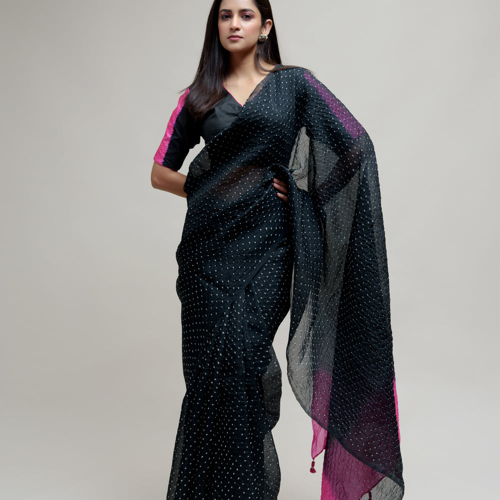 
                      
                        Bandhani on Organza Saree - Black Hot Pink
                      
                    