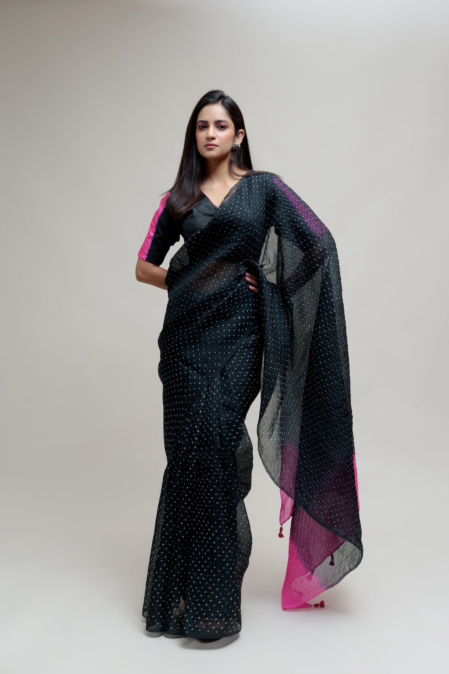 Bandhani on Organza Saree - Black Hot Pink