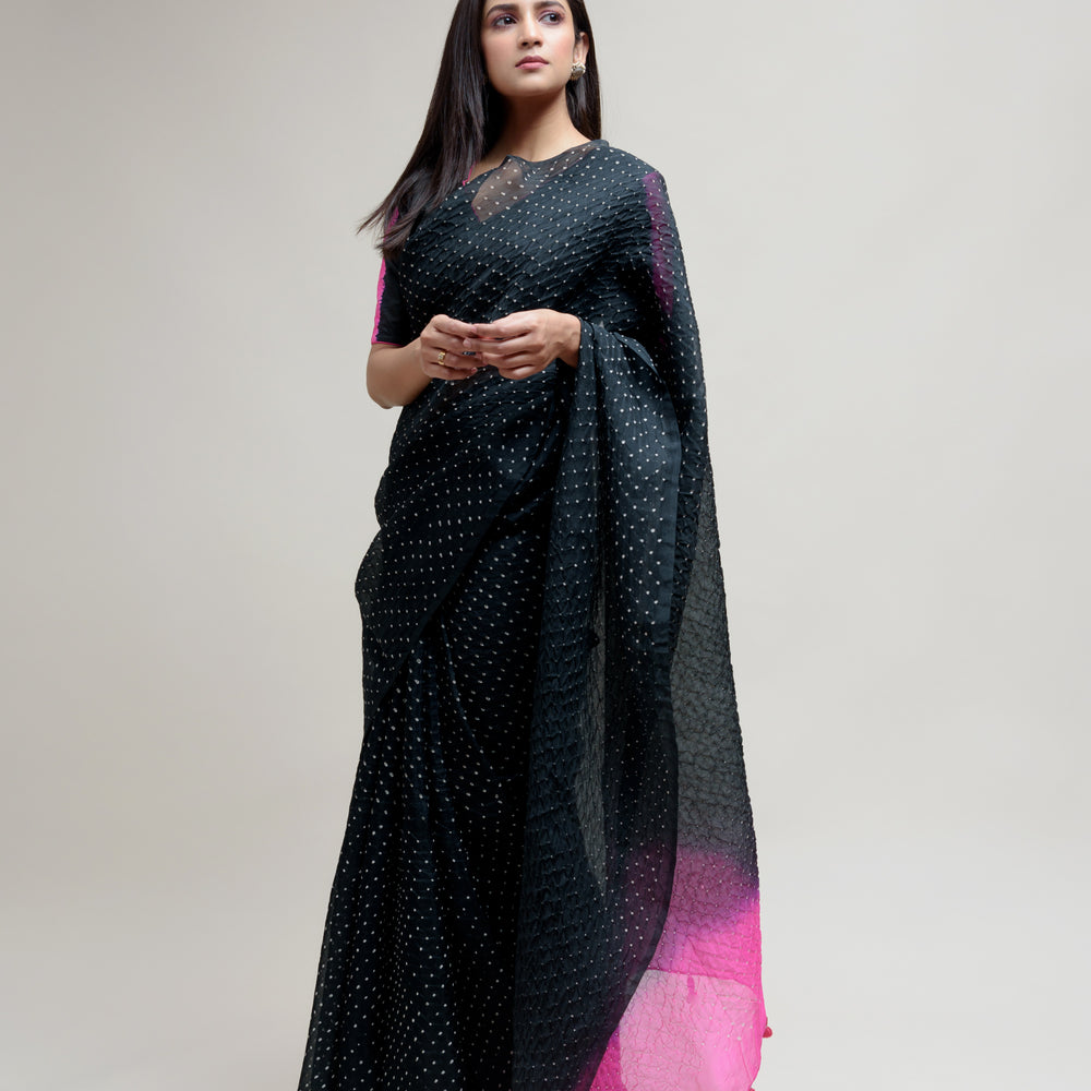 
                      
                        Bandhani on Organza Saree - Black Hot Pink
                      
                    