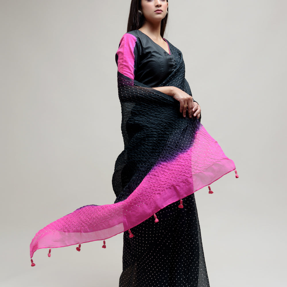 
                      
                        Bandhani on Organza Saree - Black Hot Pink
                      
                    