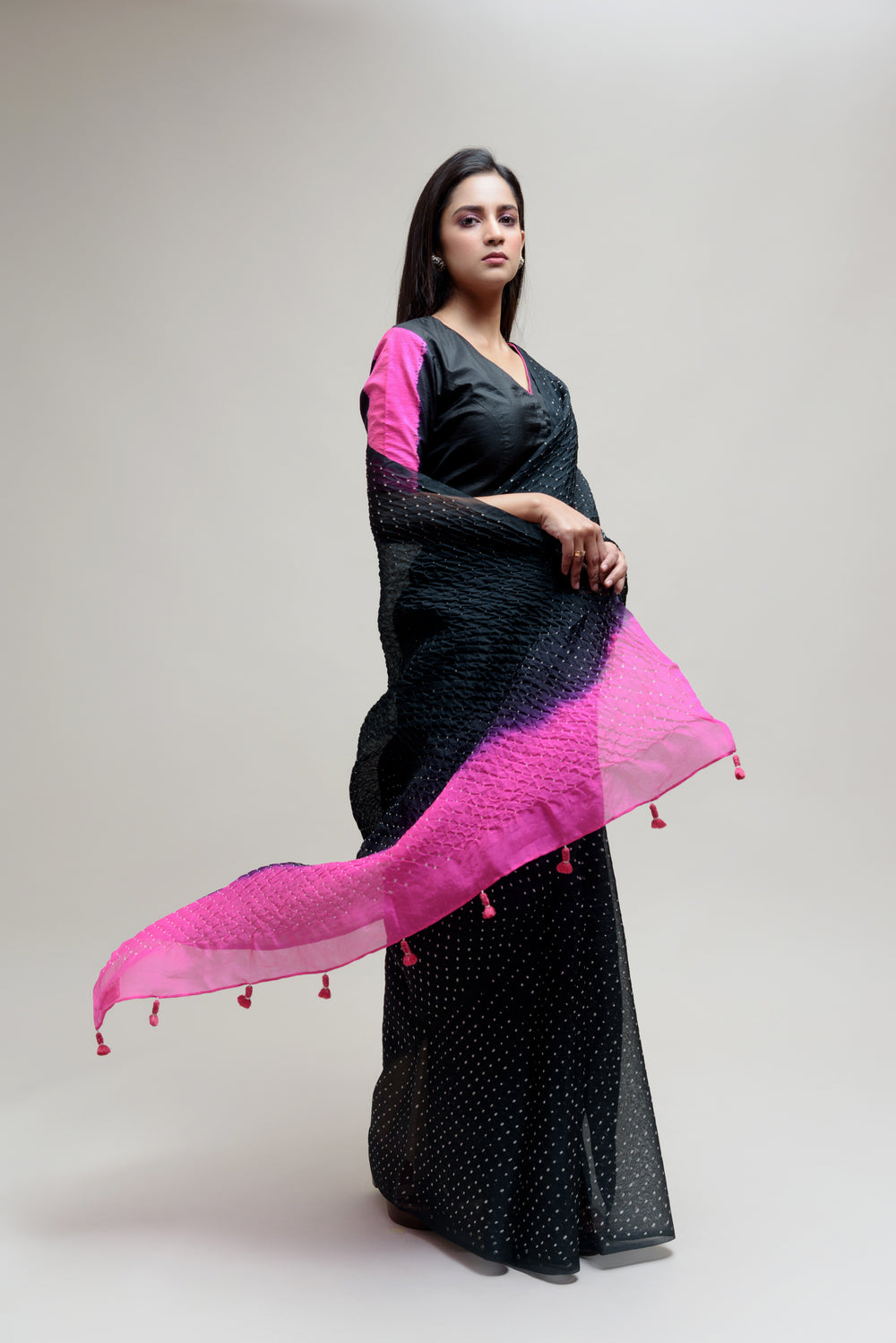 Bandhani on Organza Saree - Black Hot Pink