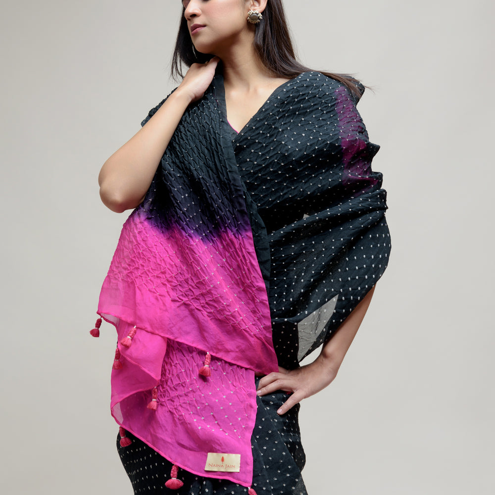 
                      
                        Bandhani on Organza Saree - Black Hot Pink
                      
                    