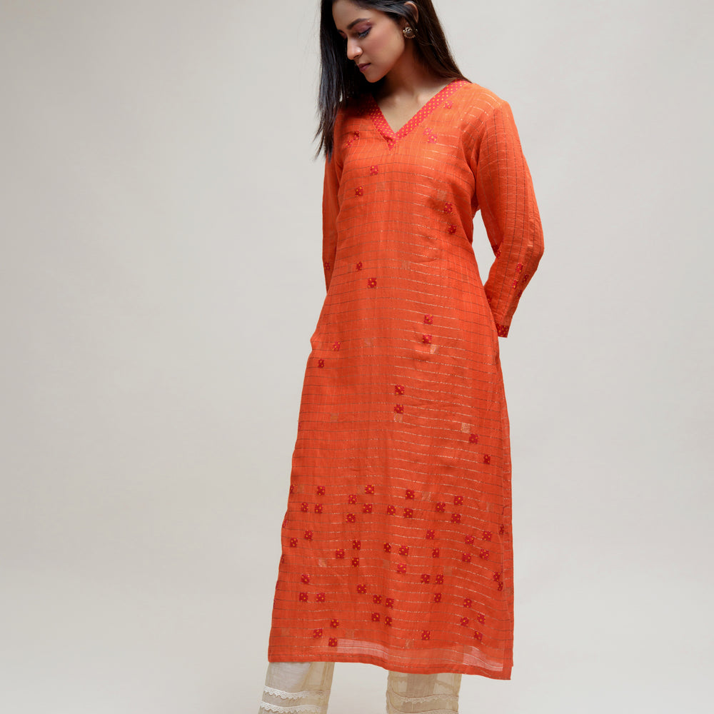 Orange Applique Bandhani on Chanderi Kurta