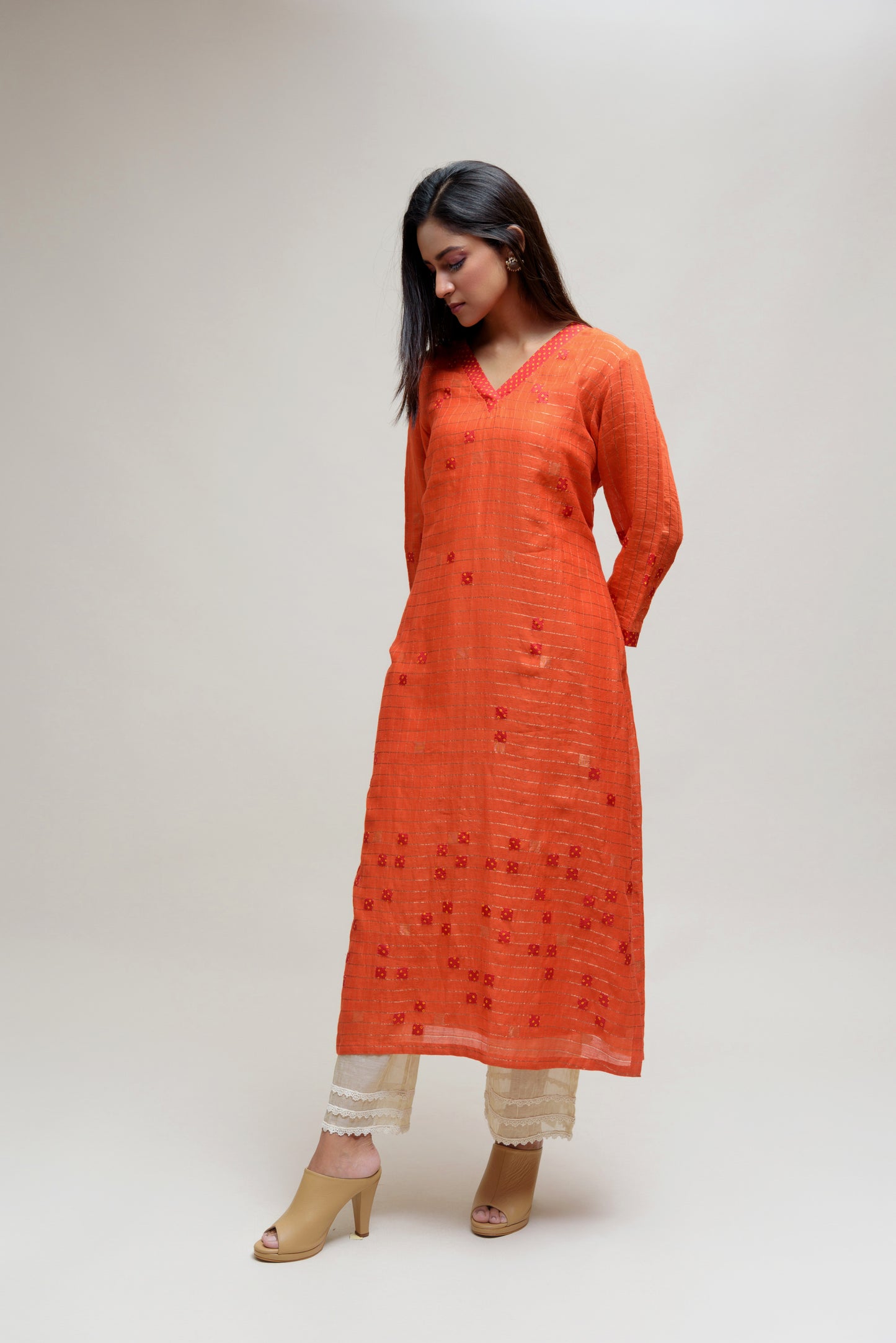 Orange Applique Bandhani on Chanderi Kurta