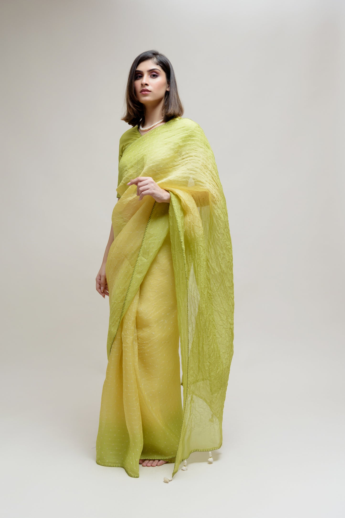 Bandhani on Pure Organza Saree - Shaded Lime Green