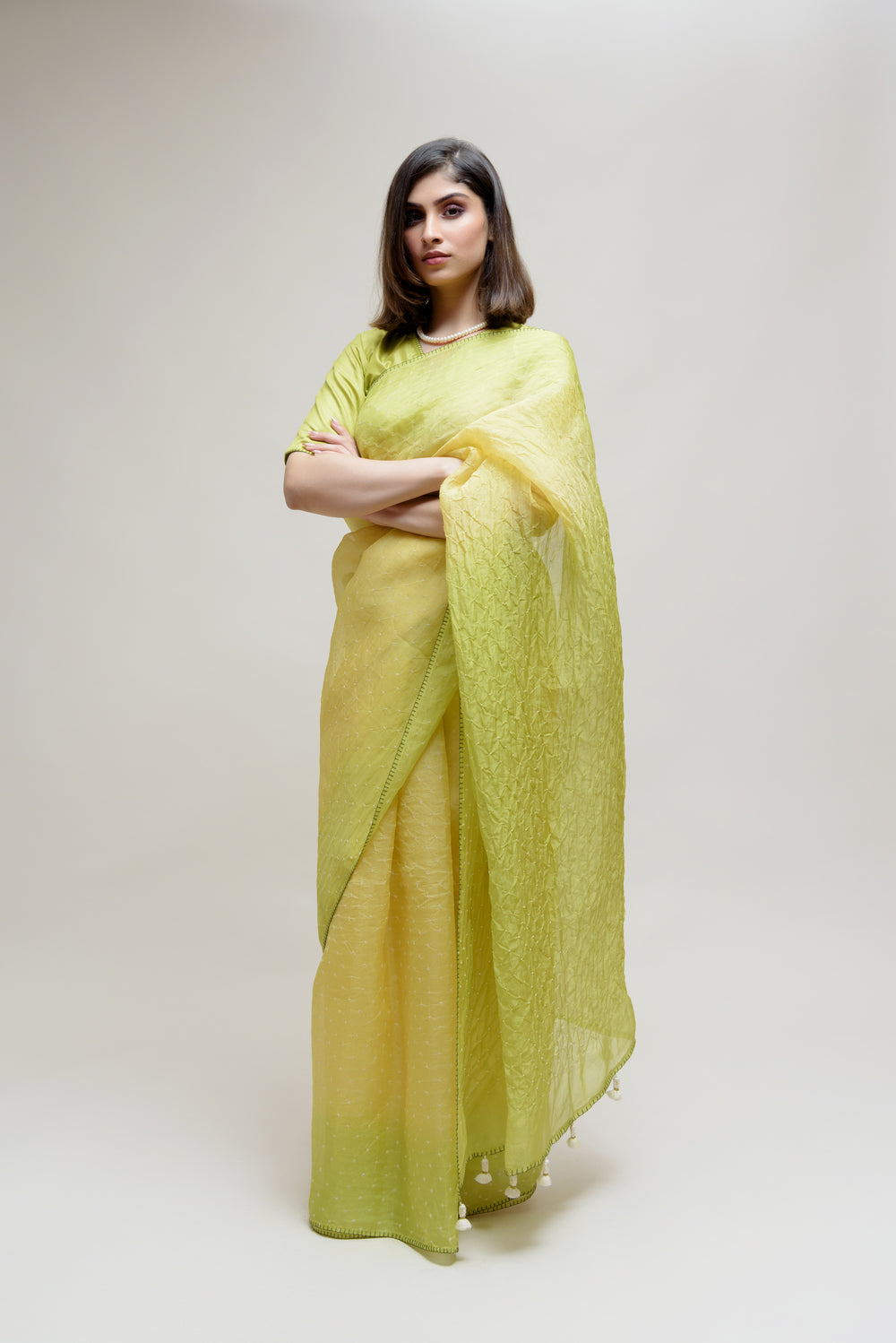 Bandhani on Pure Organza Saree - Shaded Lime Green