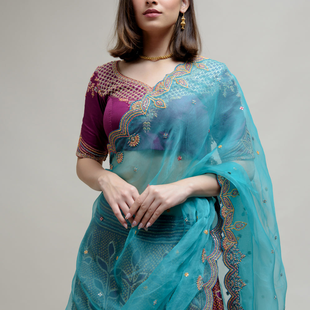 
                      
                        Ekam Lehenga - Purple Turquoise Blue
                      
                    