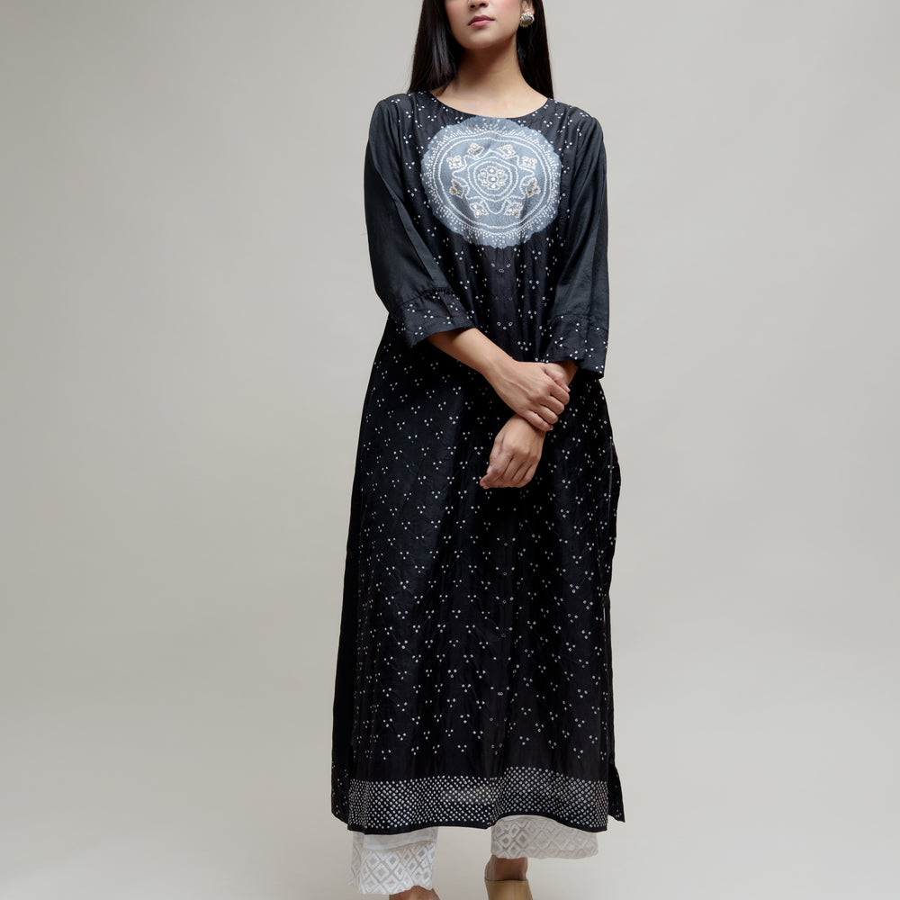 Bandhani Kurta on Pure Silk - Black Grey