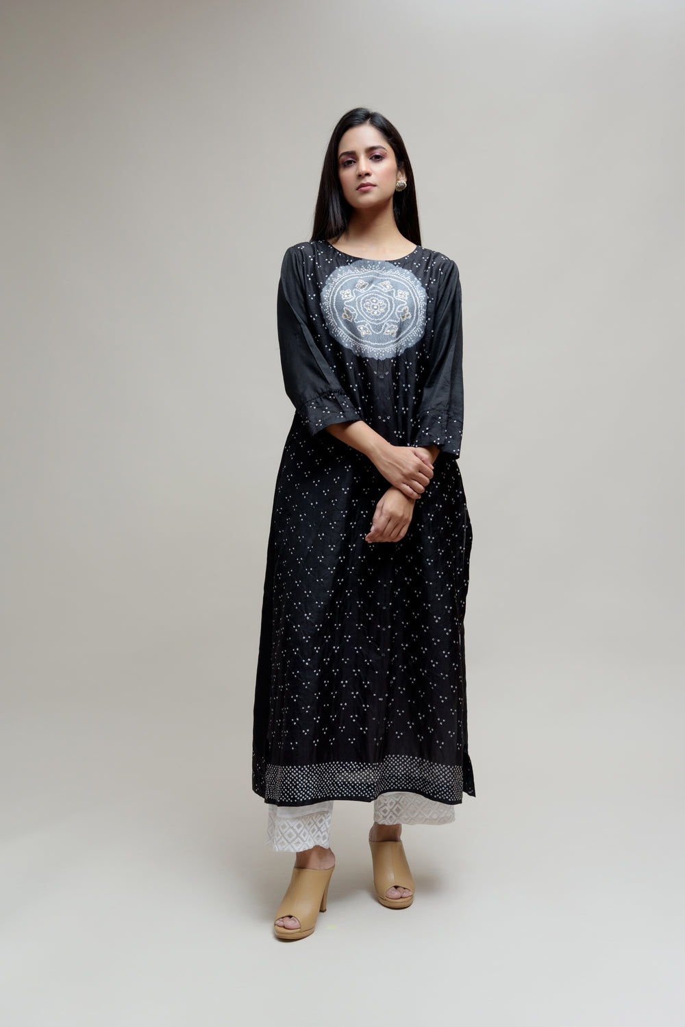 Bandhani Kurta on Pure Silk - Black Grey