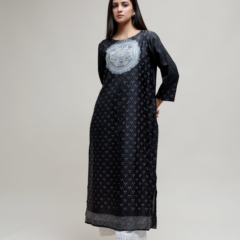 Bandhani Kurta on Pure Silk - Black Grey