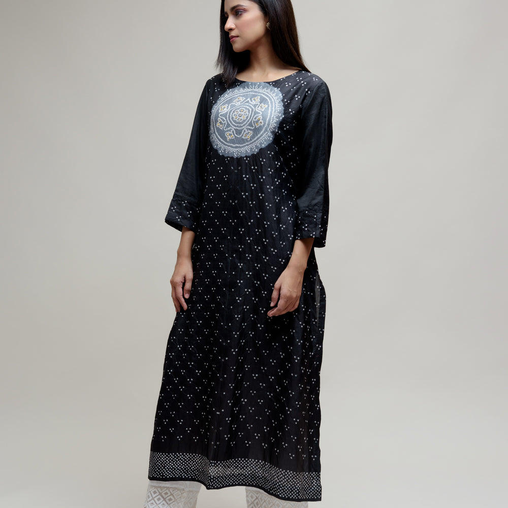 
                      
                        Bandhani Kurta on Pure Silk - Black Grey
                      
                    