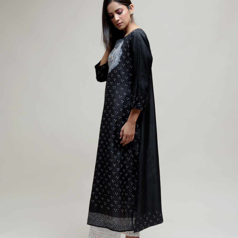 
                      
                        Bandhani Kurta on Pure Silk - Black Grey
                      
                    