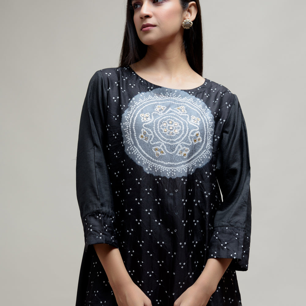 
                      
                        Bandhani Kurta on Pure Silk - Black Grey
                      
                    