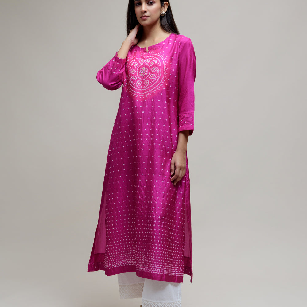 
                      
                        Bandhani Kurta on Pure Silk - Circle Yoke Magenta Pink
                      
                    