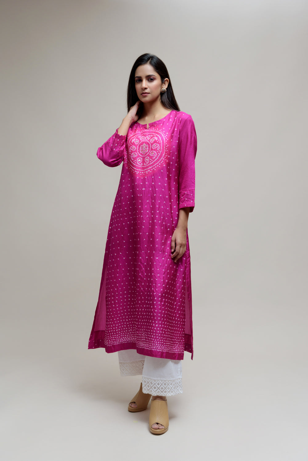 Bandhani Kurta on Pure Silk - Circle Yoke Magenta Pink