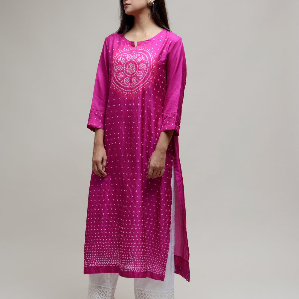 Bandhani Kurta on Pure Silk - Circle Yoke Magenta Pink