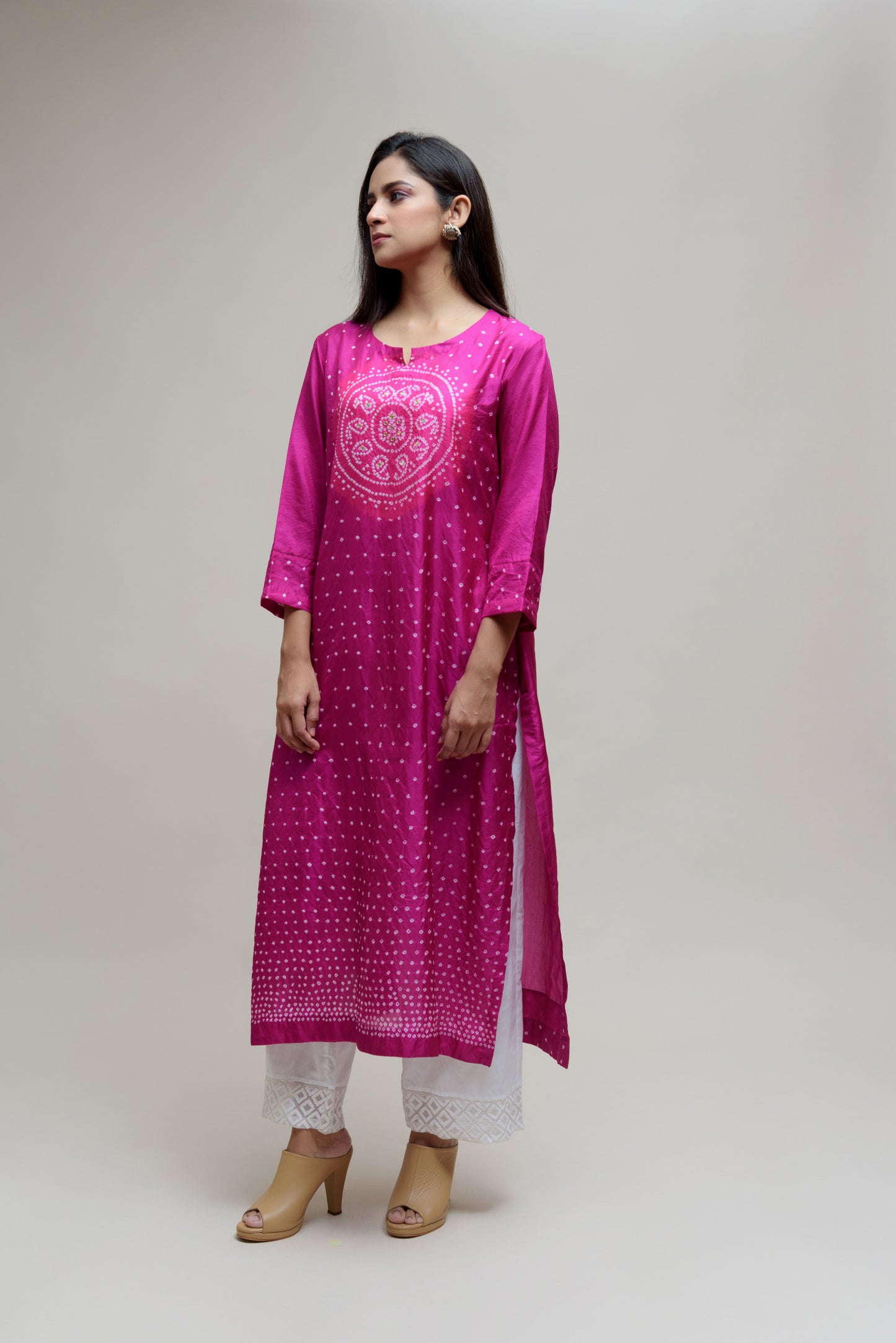 Bandhani Kurta on Pure Silk - Circle Yoke Magenta Pink