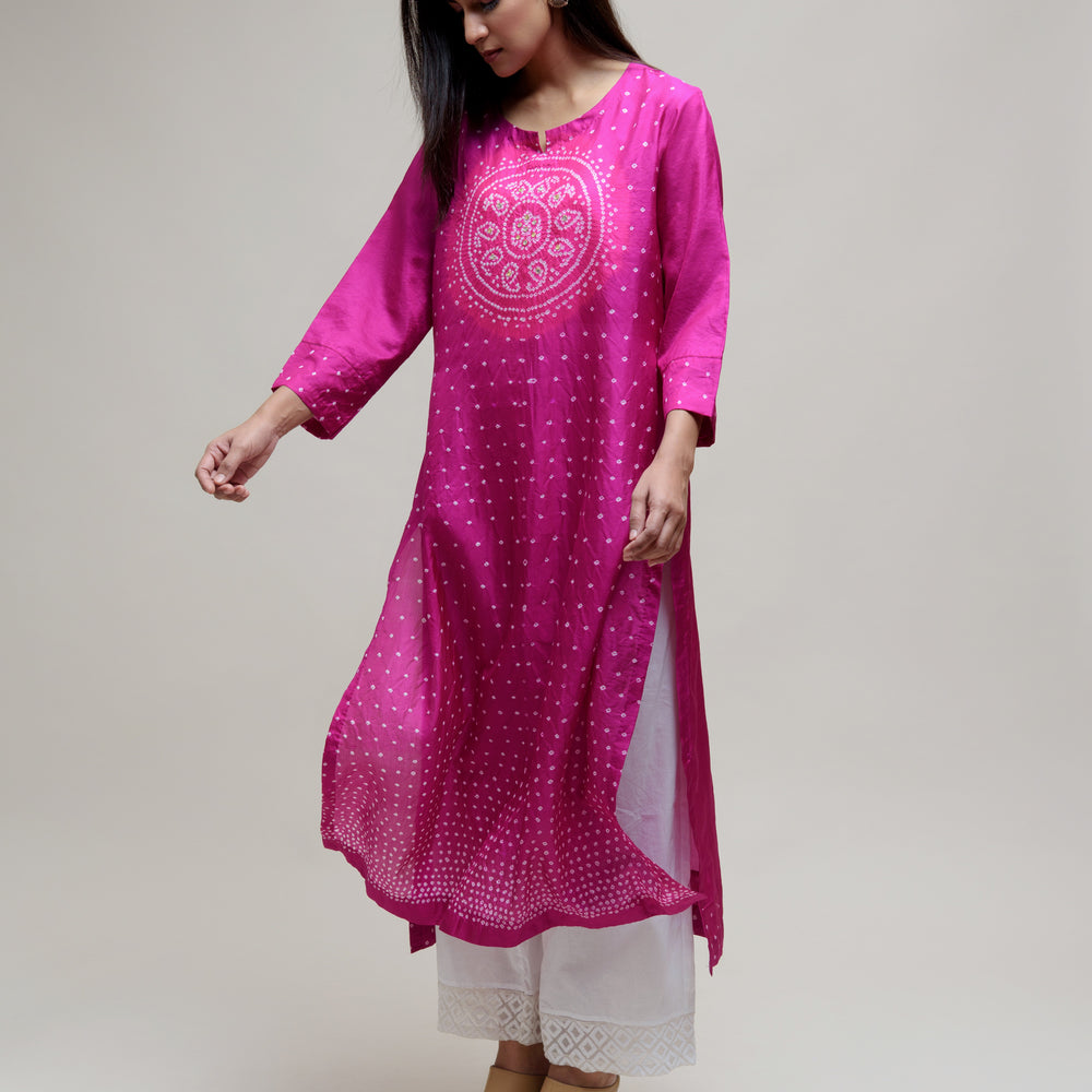 
                      
                        Bandhani Kurta on Pure Silk - Circle Yoke Magenta Pink
                      
                    