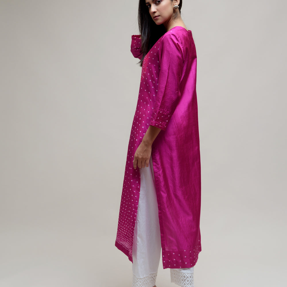 
                      
                        Bandhani Kurta on Pure Silk - Circle Yoke Magenta Pink
                      
                    