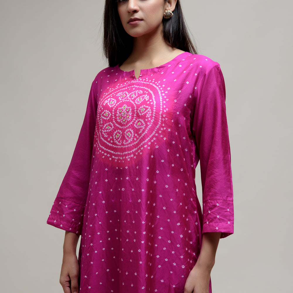 
                      
                        Bandhani Kurta on Pure Silk - Circle Yoke Magenta Pink
                      
                    