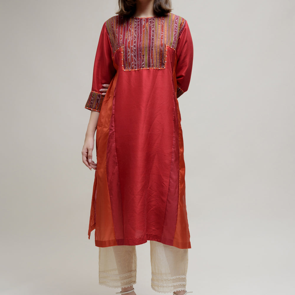 Brick Brown Orange Silk Kurta with a Unique Yoke