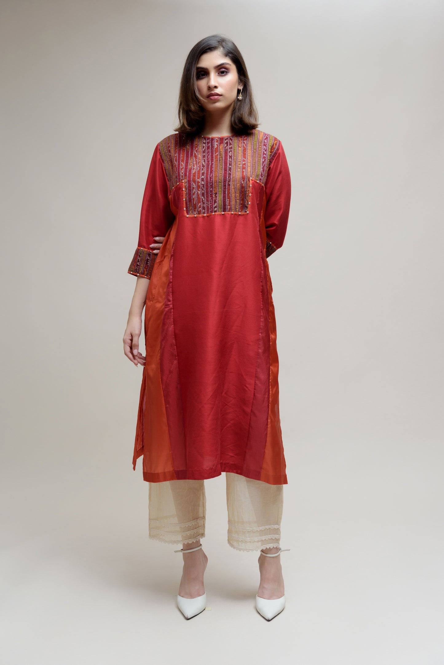 Brick Brown Orange Silk Kurta with a Unique Yoke