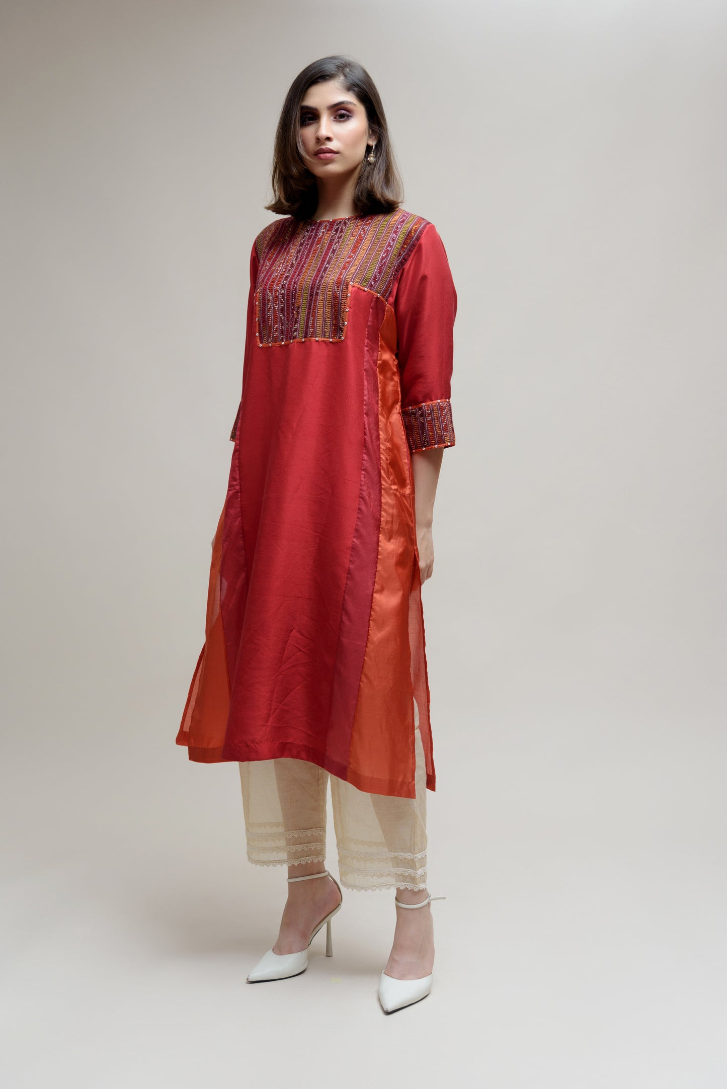 Brick Brown Orange Silk Kurta with a Unique Yoke