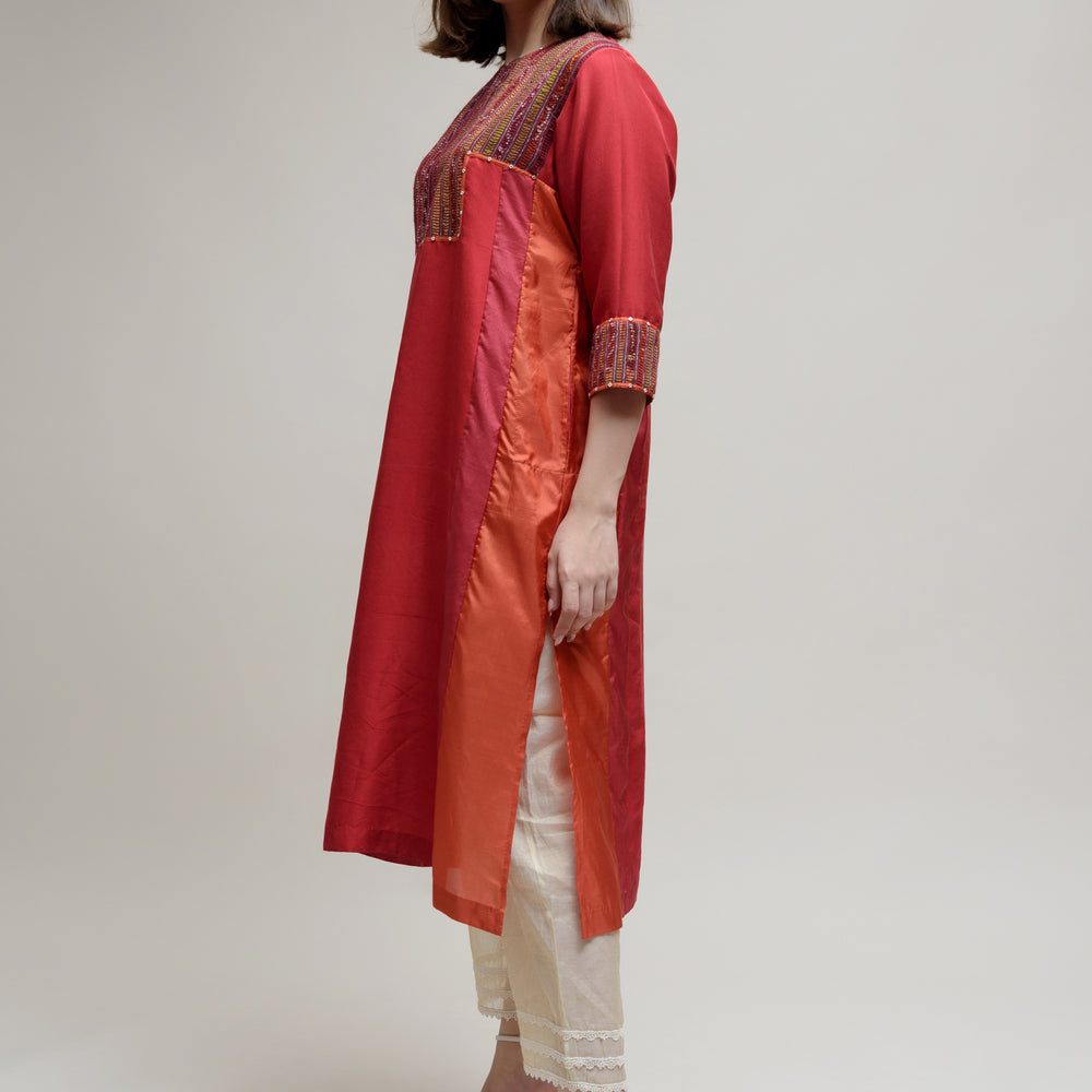 
                      
                        Brick Brown Orange Silk Kurta with a Unique Yoke
                      
                    