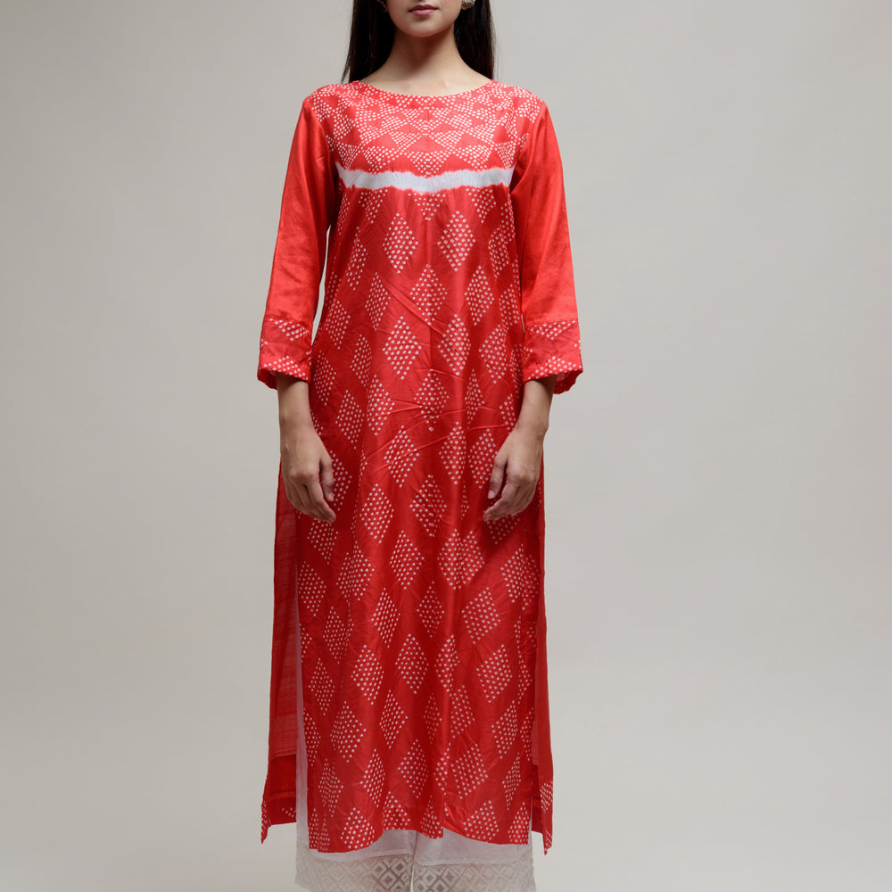 Red Bandhani on Pure Silk Kurta