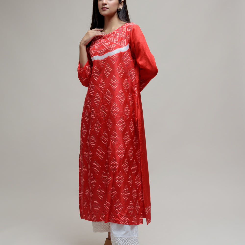 Red Bandhani on Pure Silk Kurta