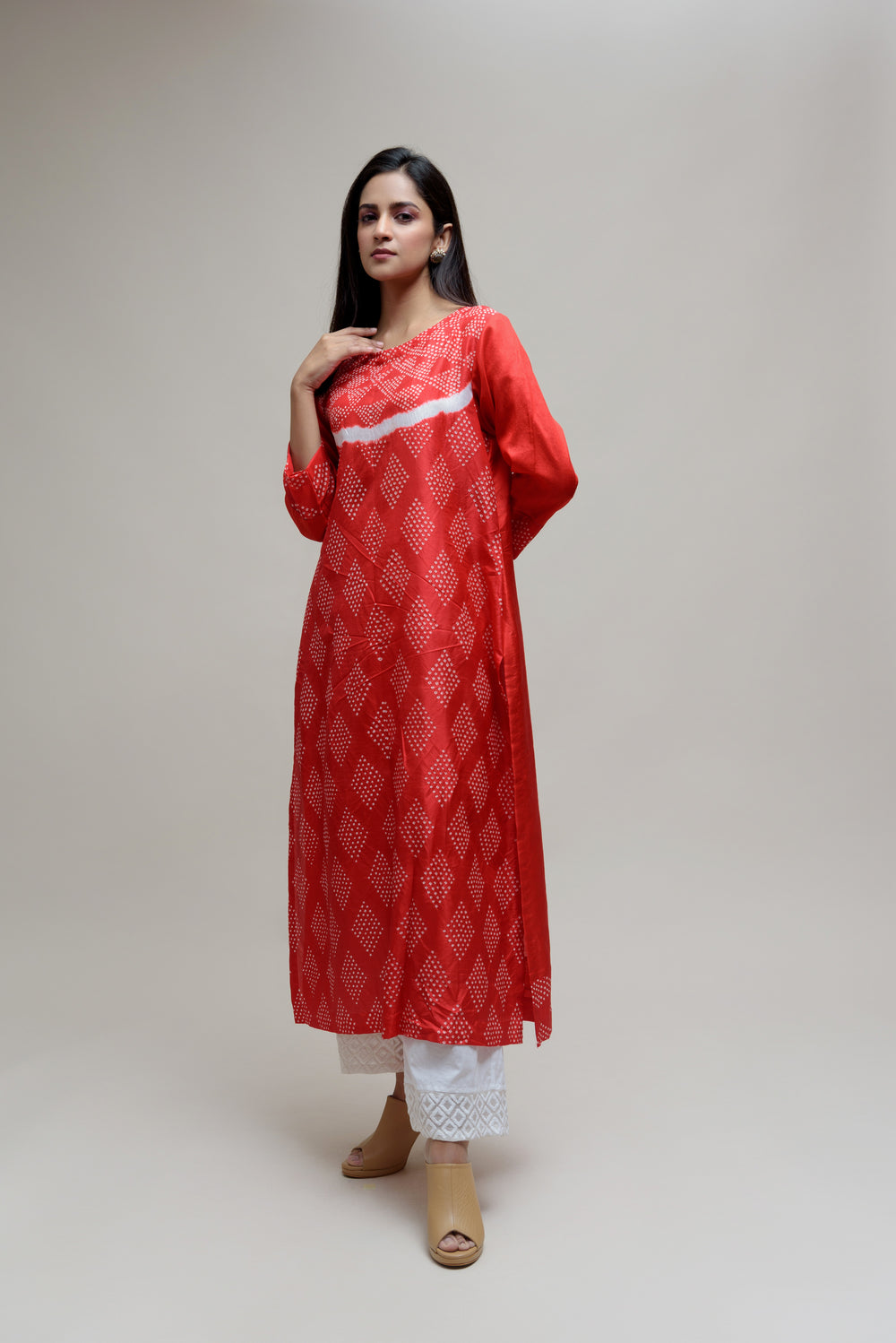 Red Bandhani on Pure Silk Kurta