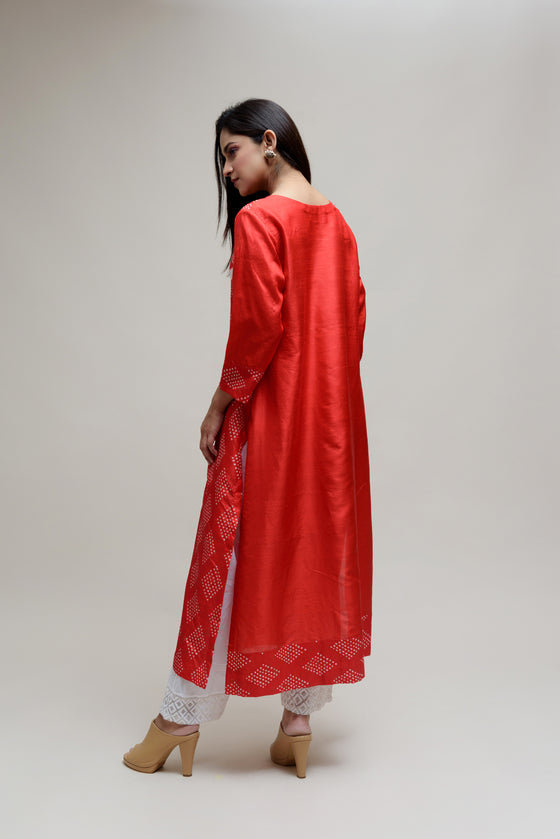 Red Bandhani on Pure Silk Kurta