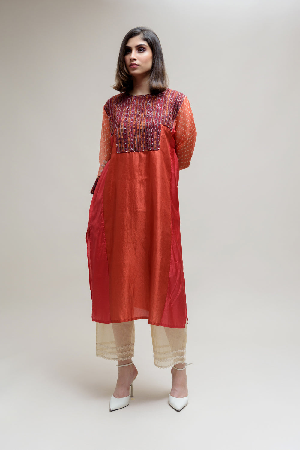 Brick Brown Orange Silk Organza Kurta with a Unique Yoke