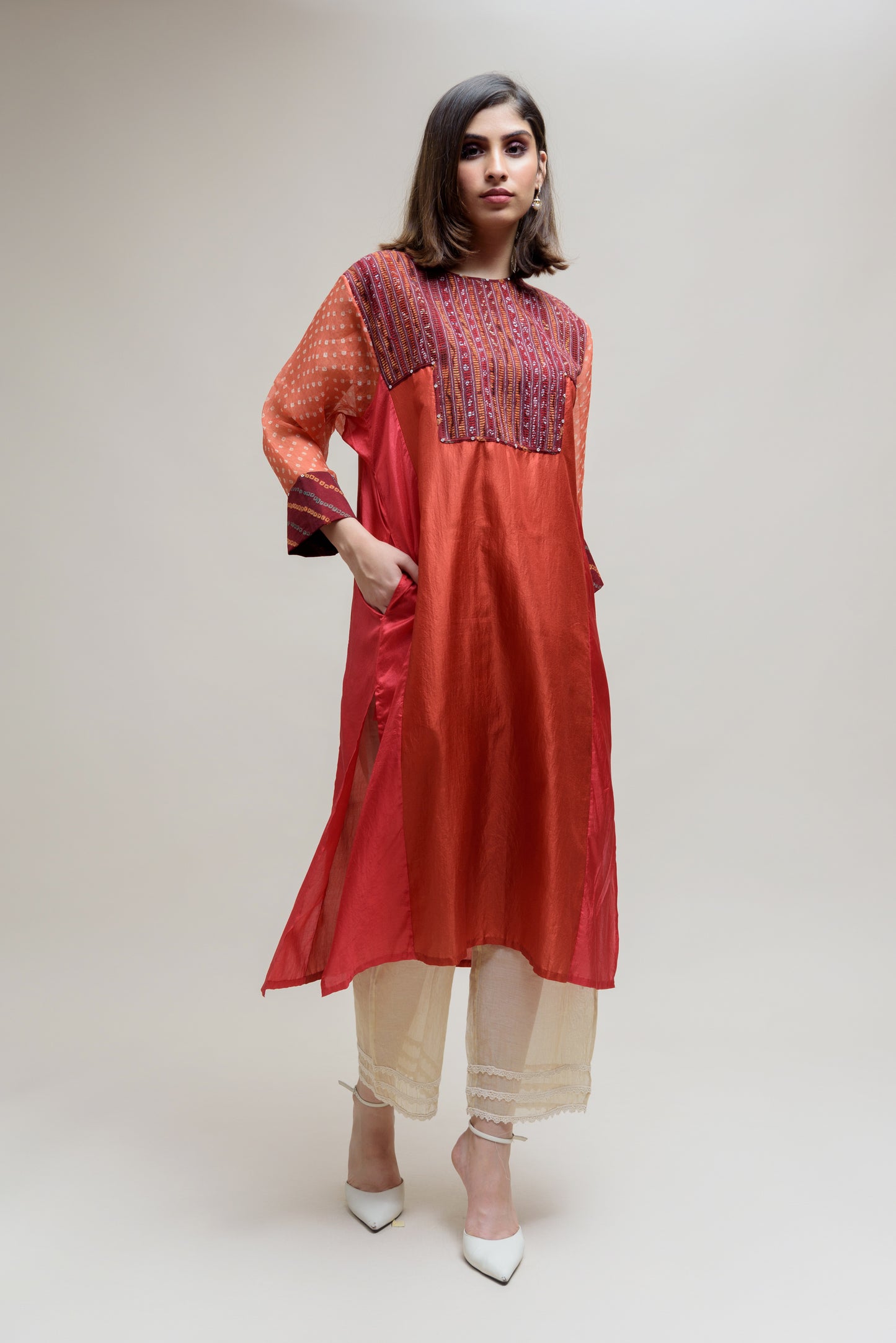 Brick Brown Orange Silk Organza Kurta with a Unique Yoke