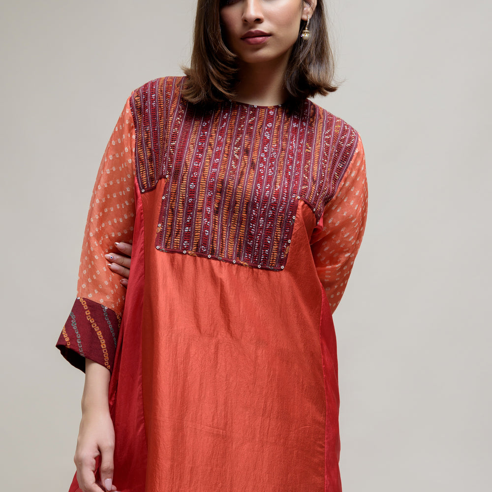 
                      
                        Brick Brown Orange Silk Organza Kurta with a Unique Yoke
                      
                    