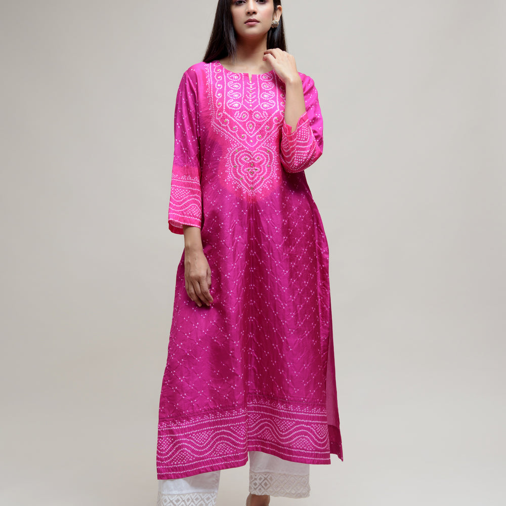 Bandhani Kurta on Pure Silk - Aba Yoke Magenta Pink