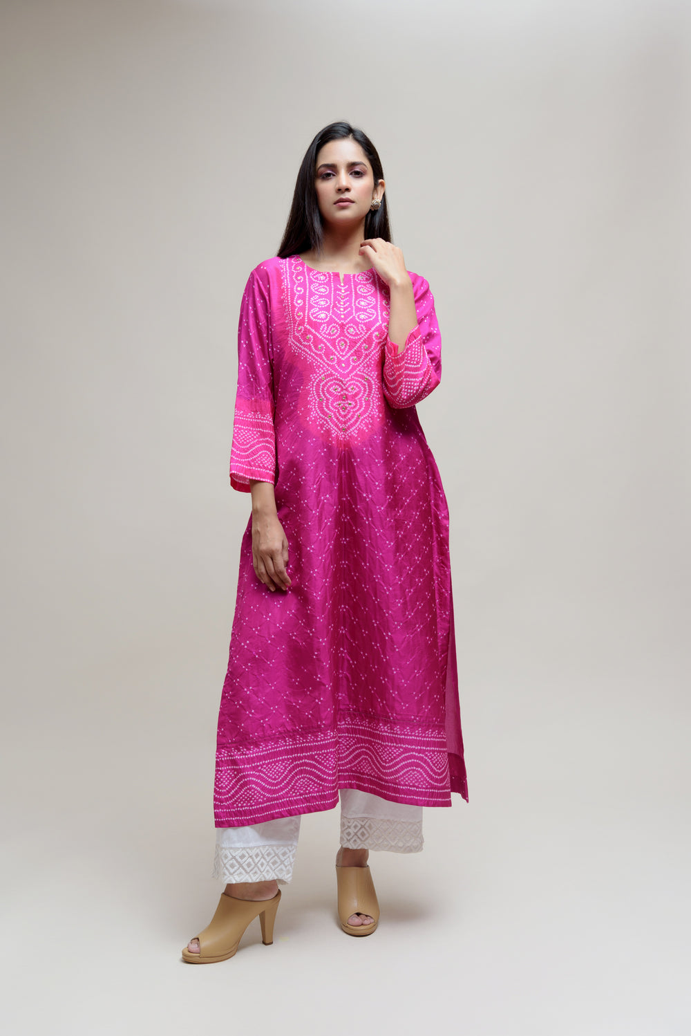 Bandhani Kurta on Pure Silk - Aba Yoke Magenta Pink