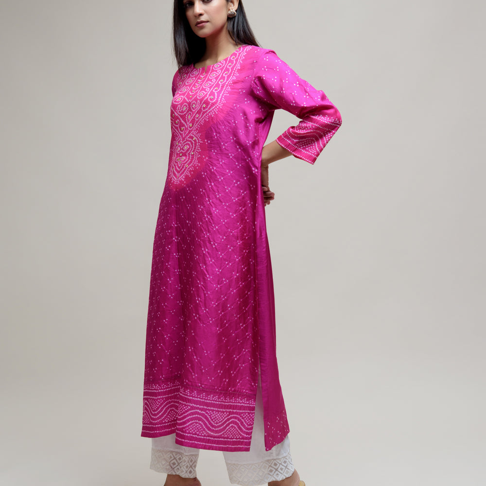 Bandhani Kurta on Pure Silk - Aba Yoke Magenta Pink