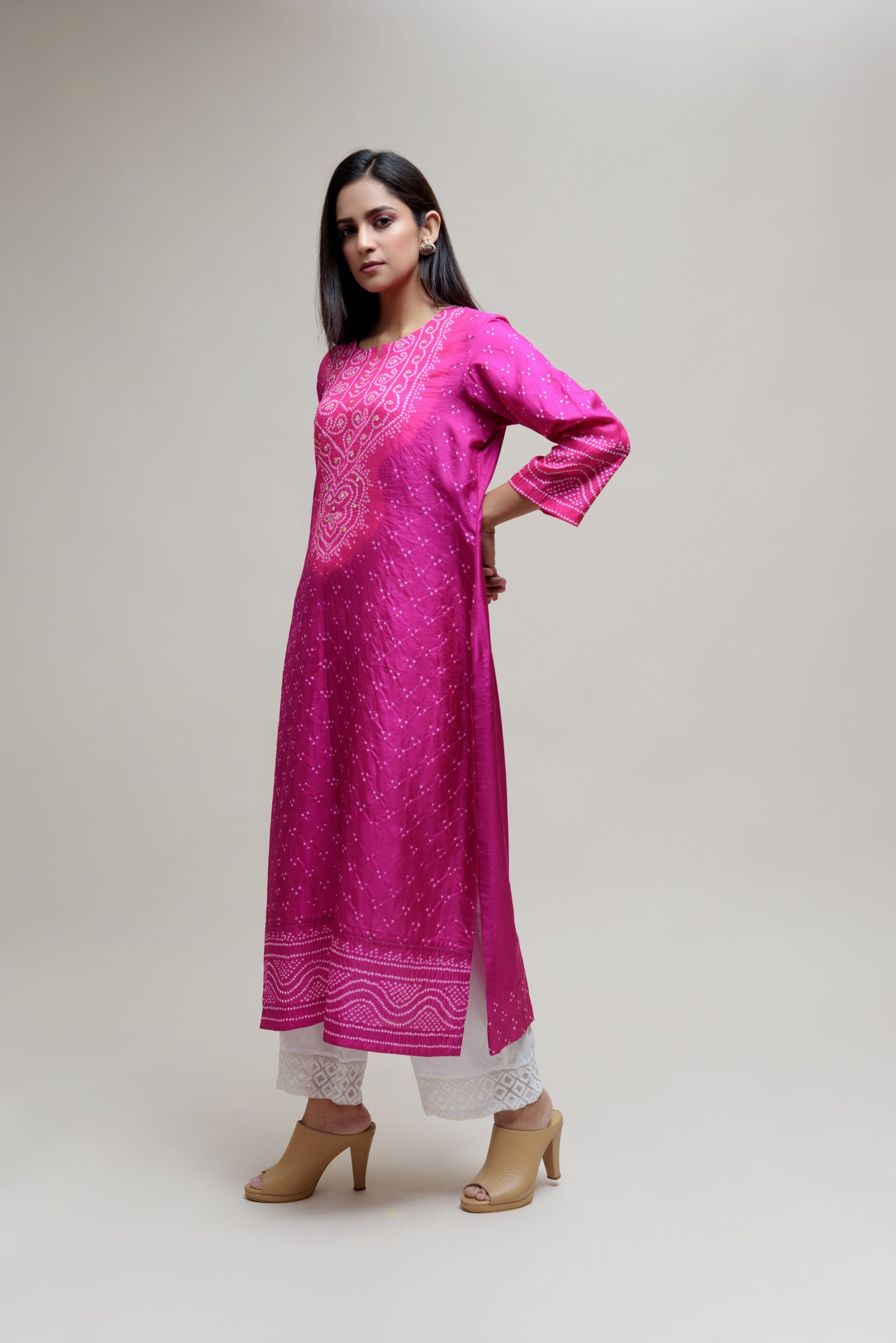 Bandhani Kurta on Pure Silk - Aba Yoke Magenta Pink