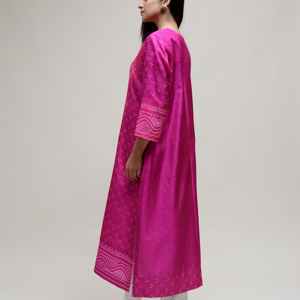 
                      
                        Bandhani Kurta on Pure Silk - Aba Yoke Magenta Pink
                      
                    