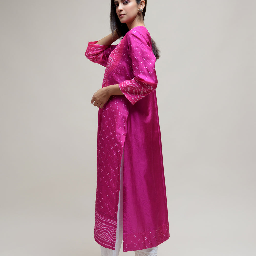 
                      
                        Bandhani Kurta on Pure Silk - Aba Yoke Magenta Pink
                      
                    