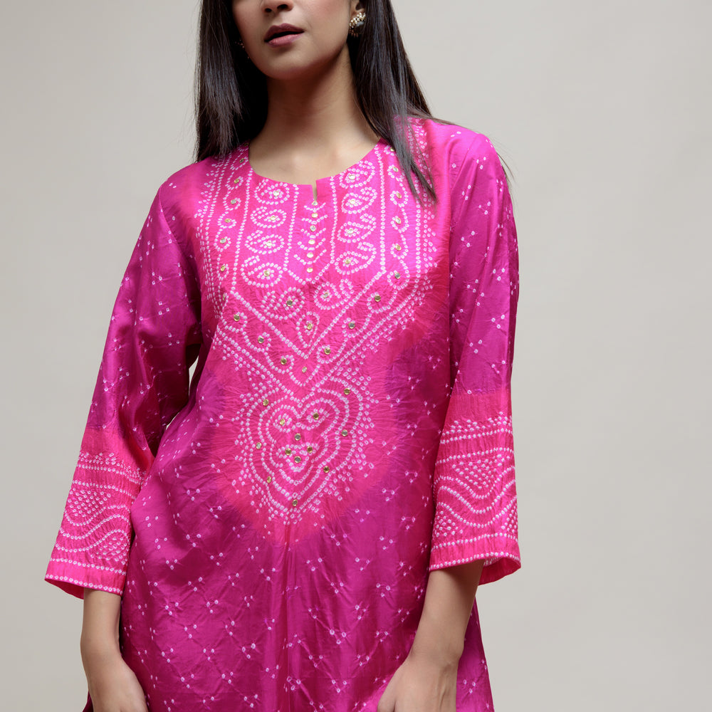 
                      
                        Bandhani Kurta on Pure Silk - Aba Yoke Magenta Pink
                      
                    