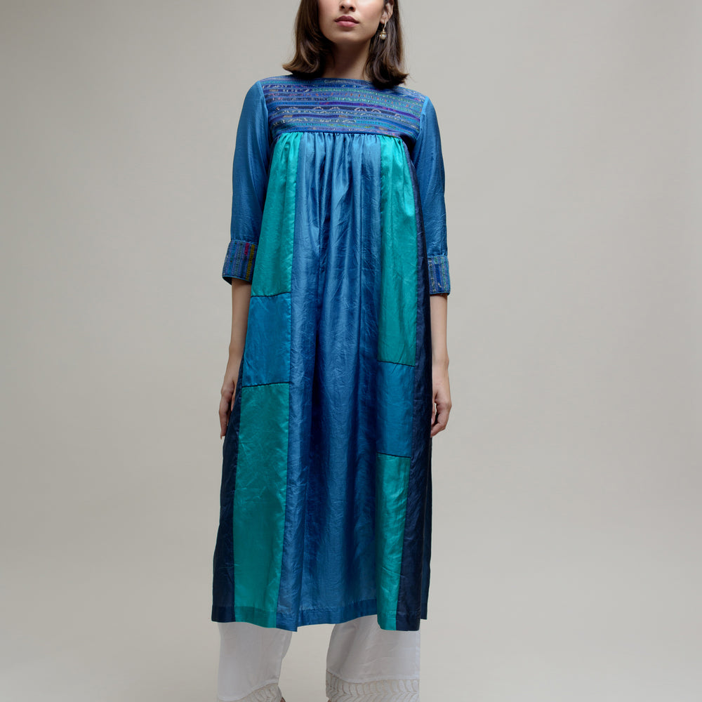 Blue Silk Kurta with a Unique Yoke