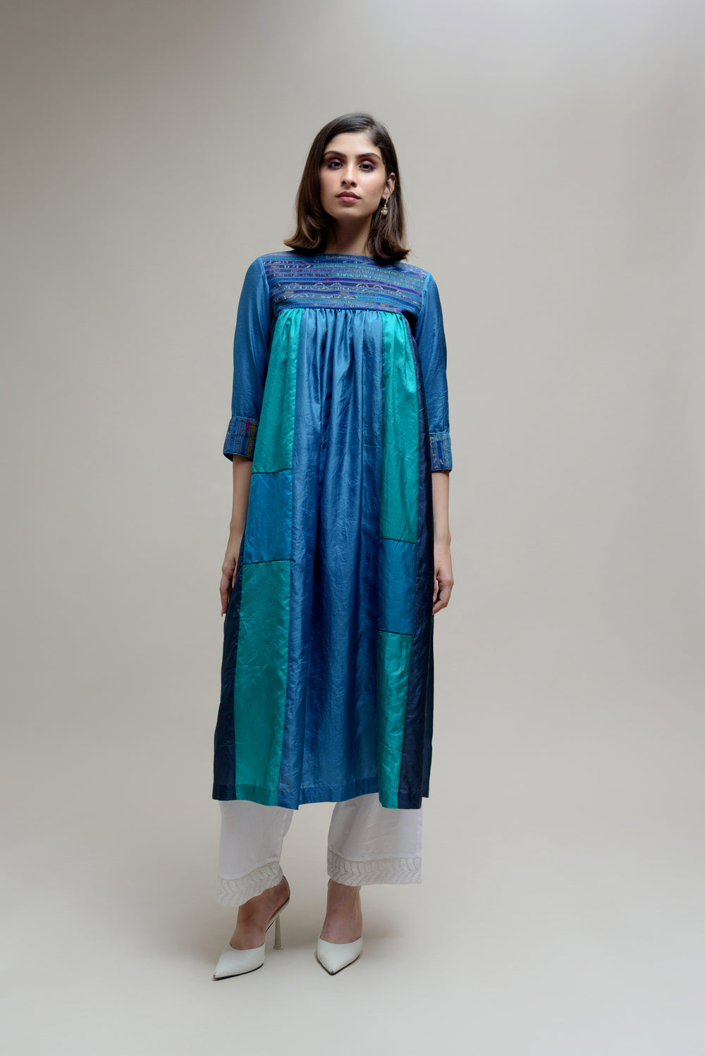 Blue Silk Kurta with a Unique Yoke