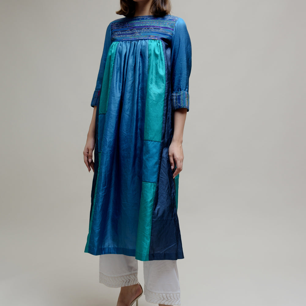 Blue Silk Kurta with a Unique Yoke