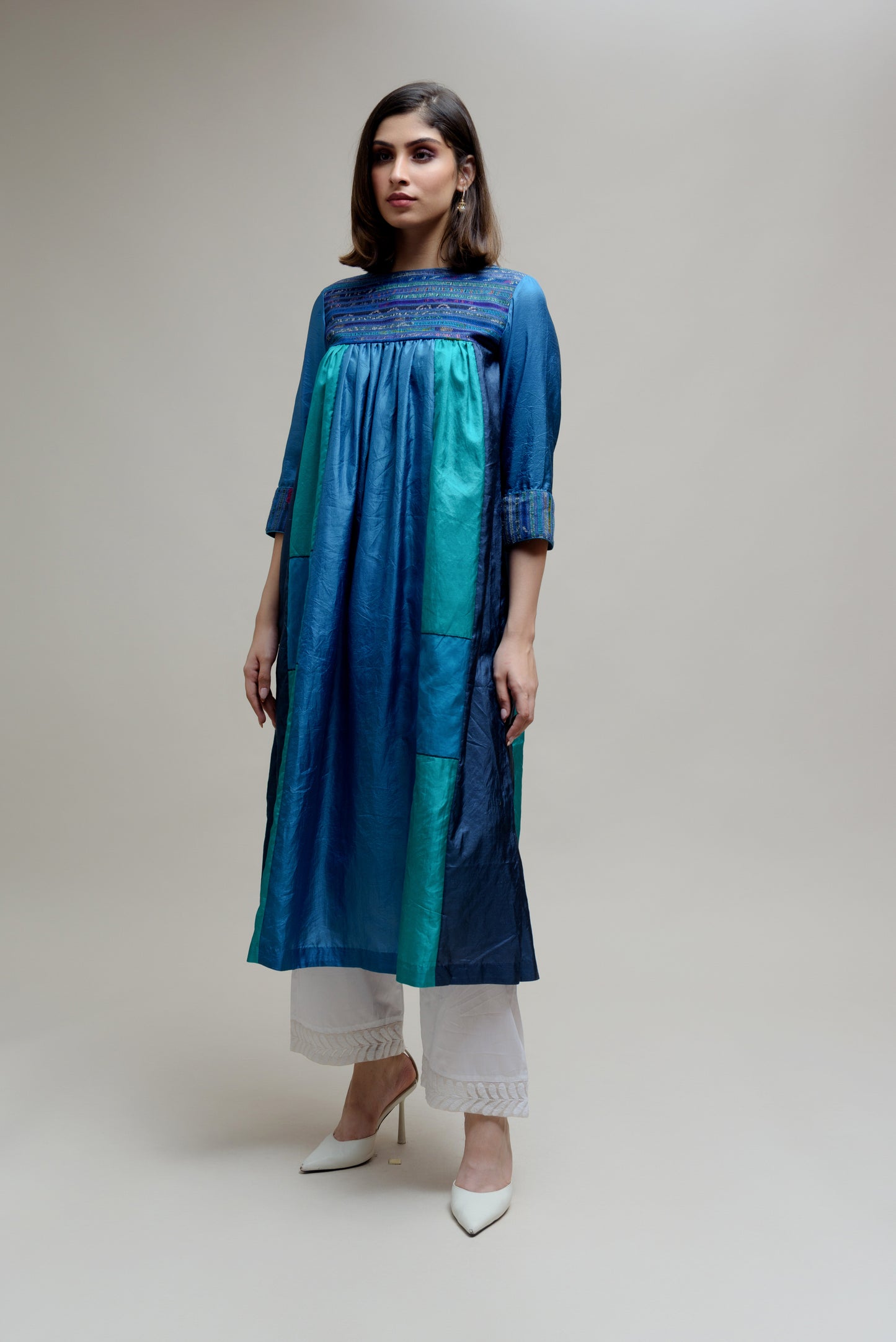 Blue Silk Kurta with a Unique Yoke