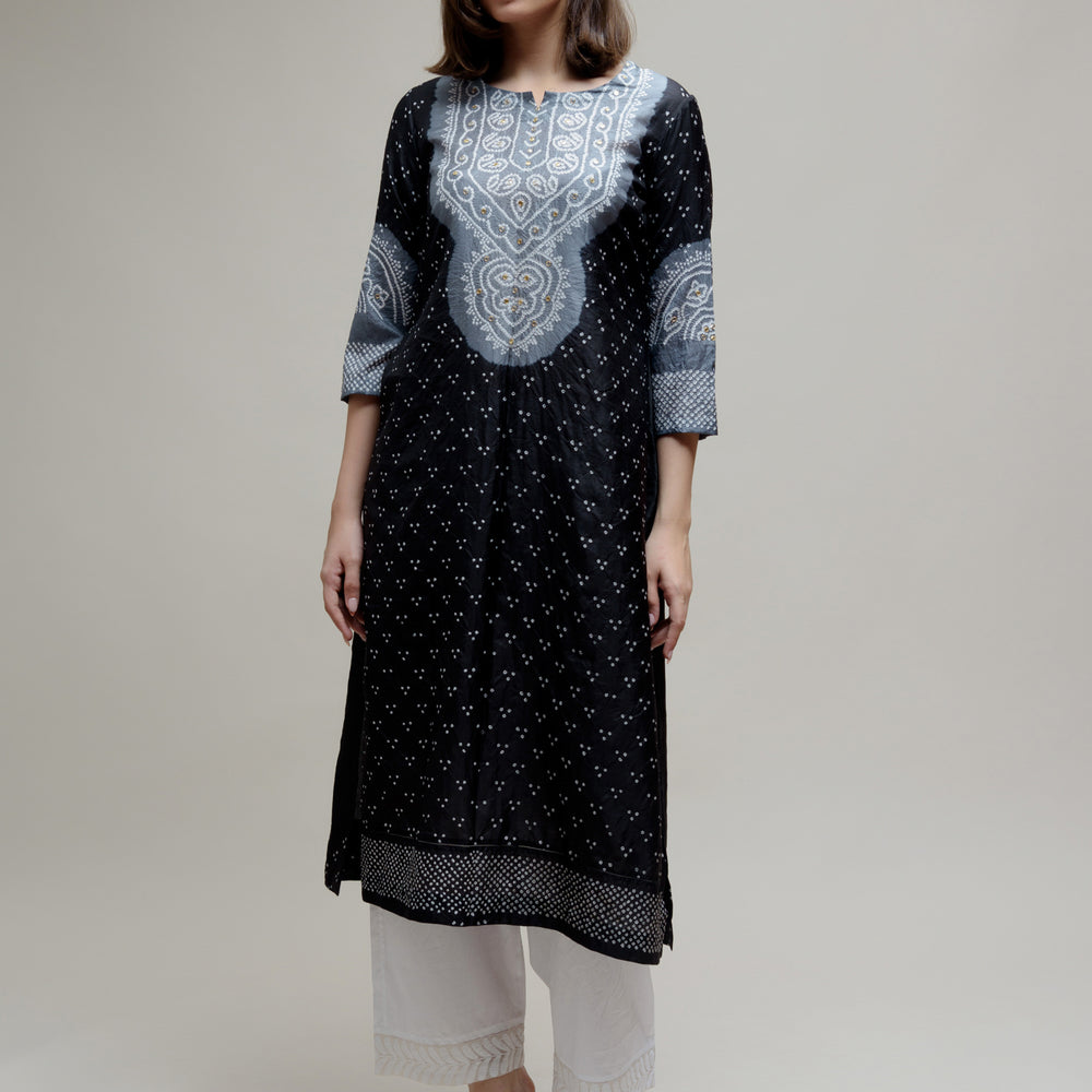 Bandhani Kurta on Pure Silk - Aba Yoke Grey Black