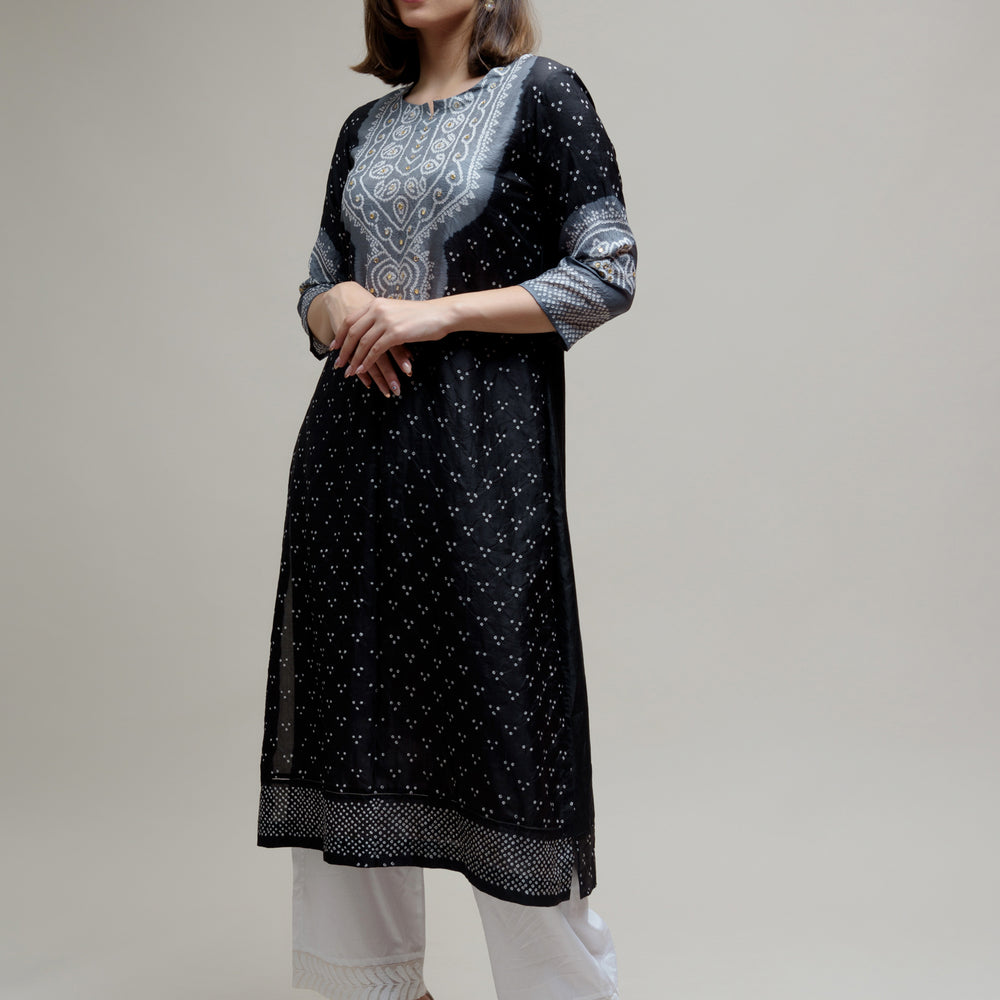 
                      
                        Bandhani Kurta on Pure Silk - Aba Yoke Grey Black
                      
                    