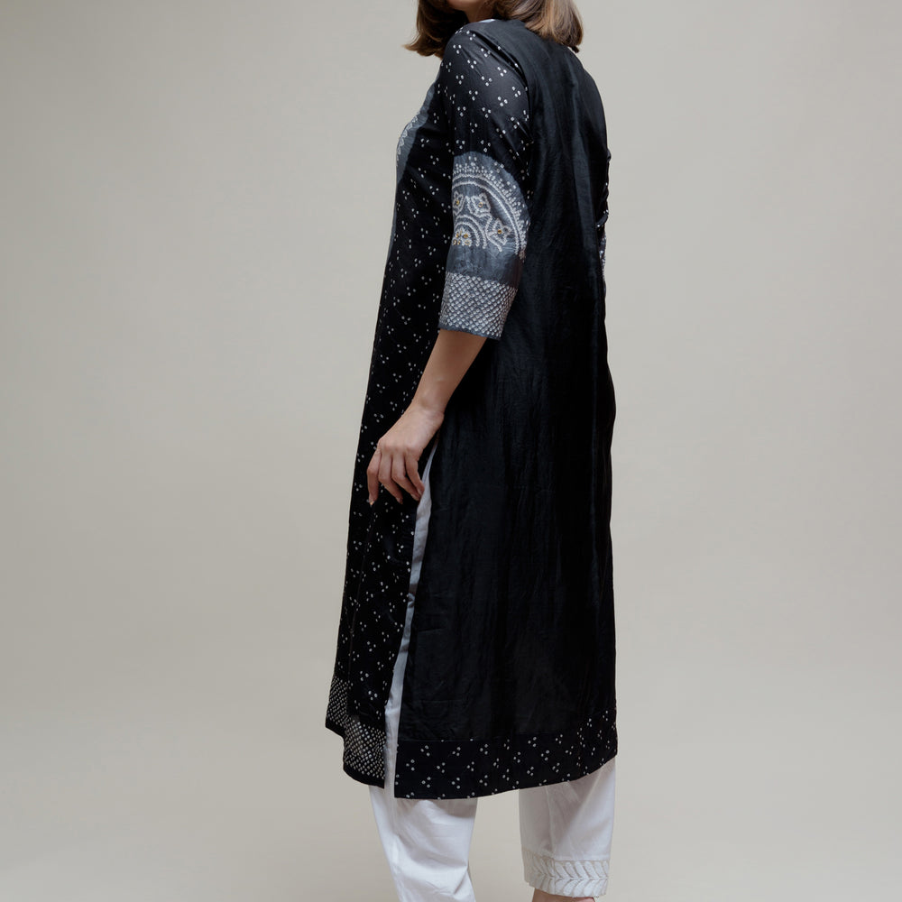 
                      
                        Bandhani Kurta on Pure Silk - Aba Yoke Grey Black
                      
                    