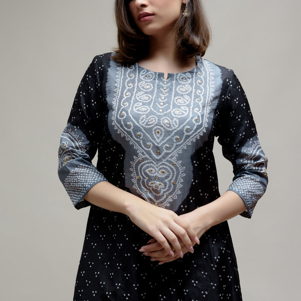 
                      
                        Bandhani Kurta on Pure Silk - Aba Yoke Grey Black
                      
                    